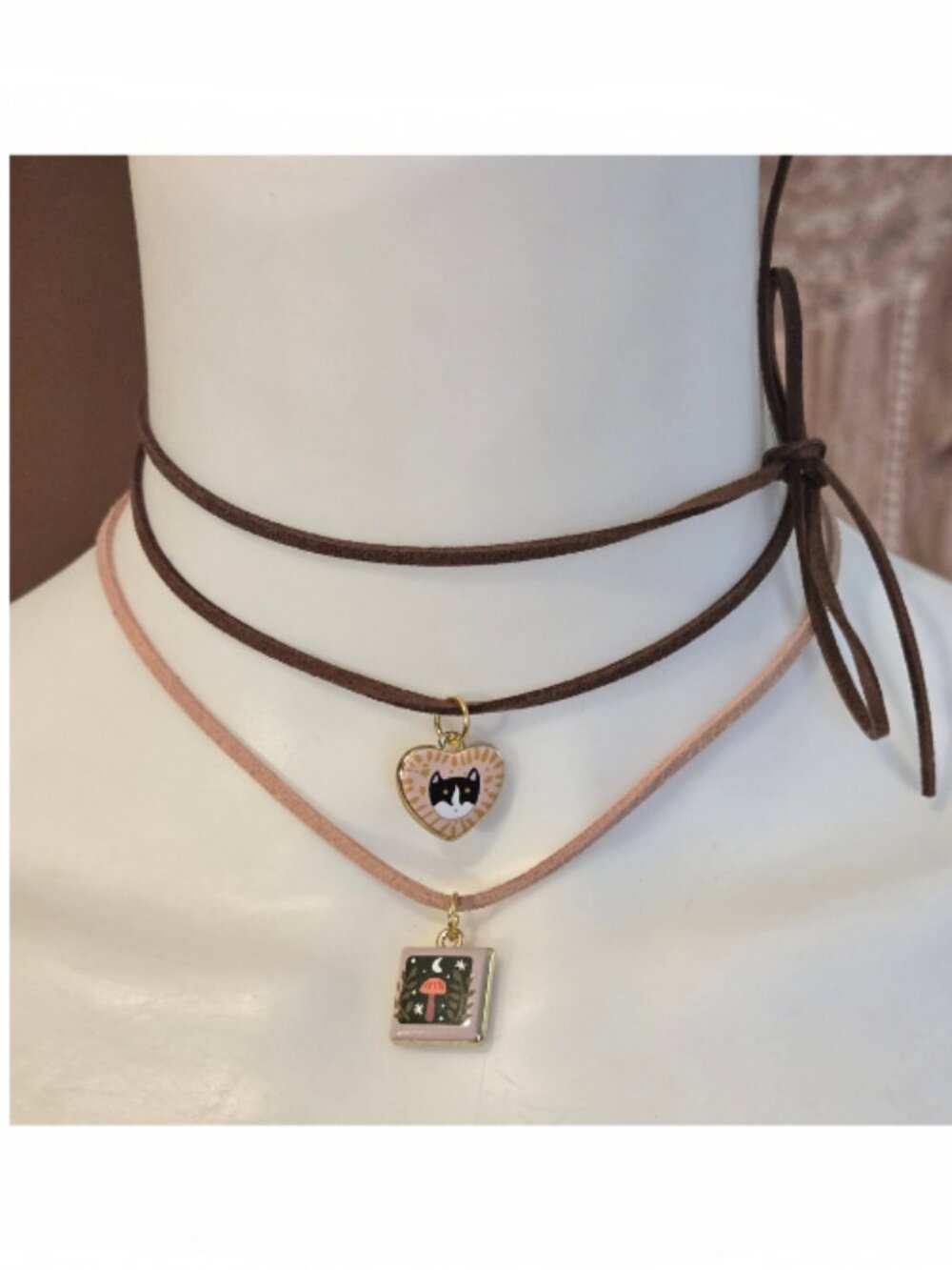 NEW Mix N Match DUO of Cat and Mushroom Charms on Suede Necklaces